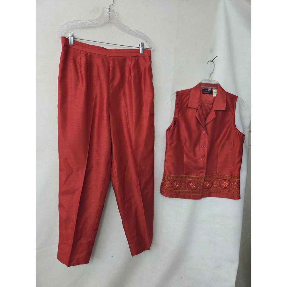 Melissa Harper Pant Suit Set Women 12 Red Vintage Faux Silk Embroidered 2pc